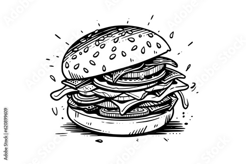Burger engraving style art. Hand drawn vector illustration of hamburger.