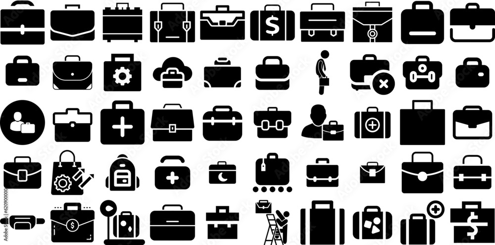Big Collection Of Briefcase Icons Set Linear Concept Pictograms Finance, Baggage, Icon, Business Graphic Isolated On Transparent Background