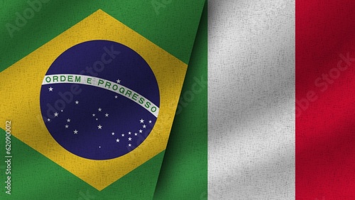 Italy and Brazil, Brasil Realistic Two Flags Together, 3D Illustration