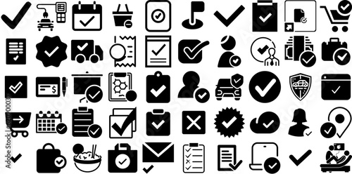 Huge Collection Of Check Icons Set Isolated Infographic Web Icon Drawn, Certified, Checkbox, Mark Glyphs Isolated On Transparent Background