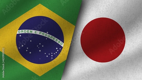 Japan and Brazil, Brasil Realistic Two Flags Together, 3D Illustration