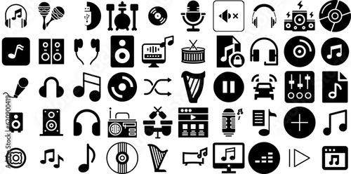 Huge Set Of Music Icons Bundle Solid Infographic Clip Art Singer, Speaker, Tool, Entertainment Silhouette Isolated On White