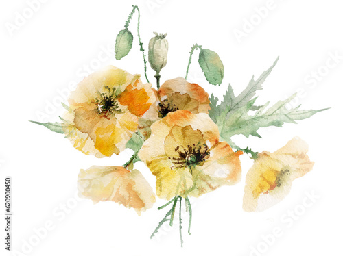 Bouquet of watercolor yellow poppies