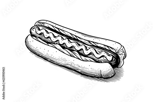 Fast food hot dog with sausage and sauce engraving sketch vector illustration.