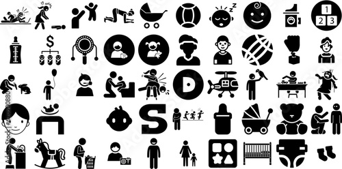 Big Set Of Child Icons Pack Hand-Drawn Linear Design Silhouette Hallucinogen, Icon, Silhouette, Mystic Silhouette Vector Illustration