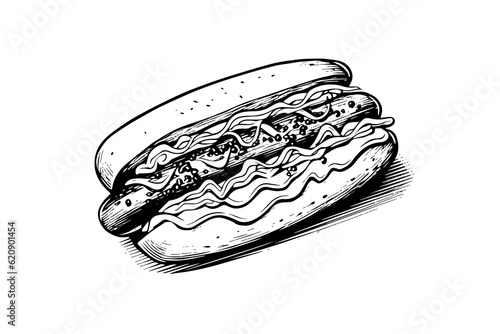 Fast food hot dog with sausage and sauce engraving sketch vector illustration.