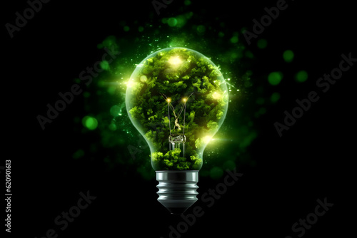 renewable energy light bulb with green energy, Earth Day or environment protection Hands protect forests that grow on the ground and help save the world, solar panels 