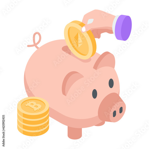 Premium isometric icon of bitcoin piggy 