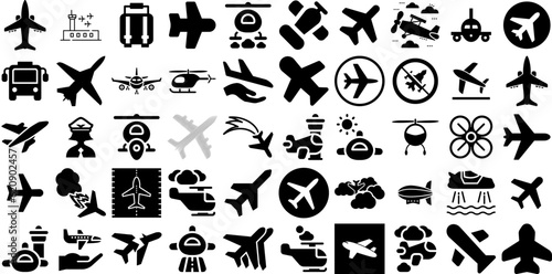 Huge Set Of Aviation Icons Pack Solid Simple Elements Clock, Icon, Dumping, Man Pictograms Isolated On White Background