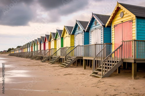Row of colorful beach huts at the sandy beach.