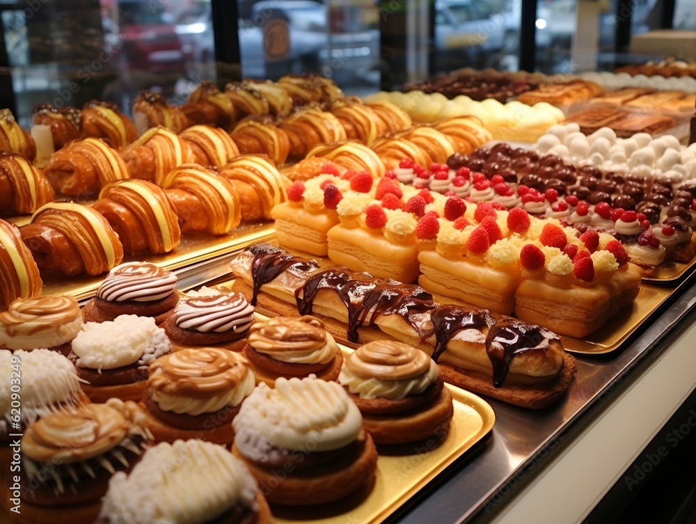 rows
 of different French pastries as seen