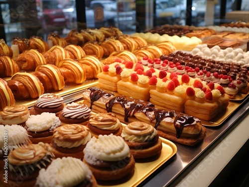 rows of different French pastries as seen