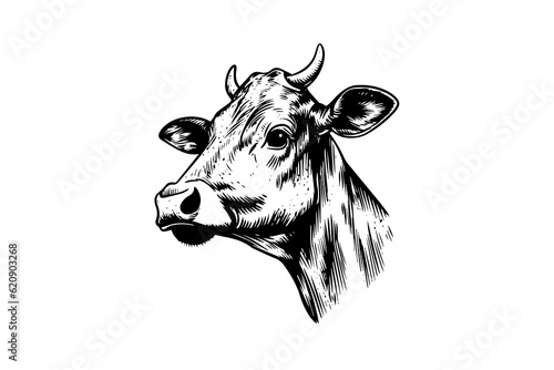 Cow head with horns logotype engraving style isolated vector illustration.