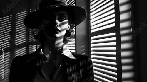 Woman in Hat and Man's Suit. Portrait en Noir Style. Created using generative AI tools