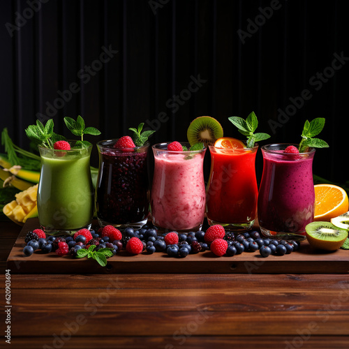 beautiful cocktails fruit vegetable juice in glasses with berries