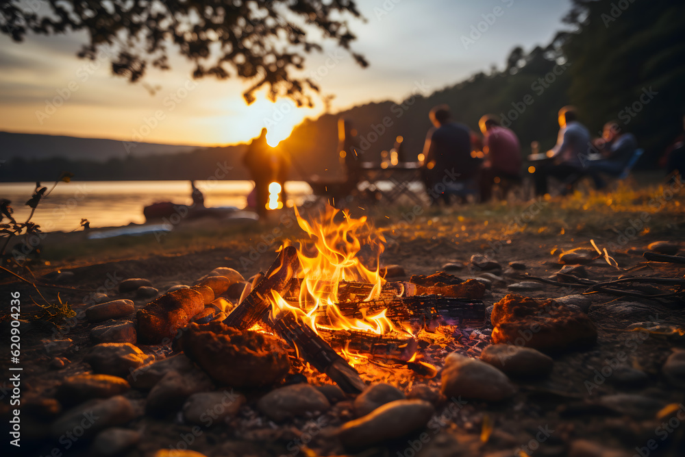 campfire in the forest near the lake - obrazy, fototapety, plakaty 
