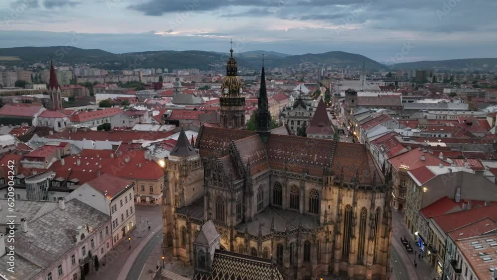 Top view on Kosice's main street during sunset sunrise in an old town, a historic part of Kosice, Slovakia; Top view on Kosice's main street during sunset sunrise in an old town, a historic part of Kosice, Slovakia;