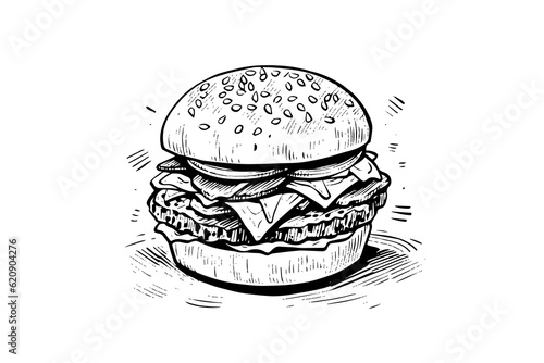 Burger engraving style art. Hand drawn vector illustration of hamburger.