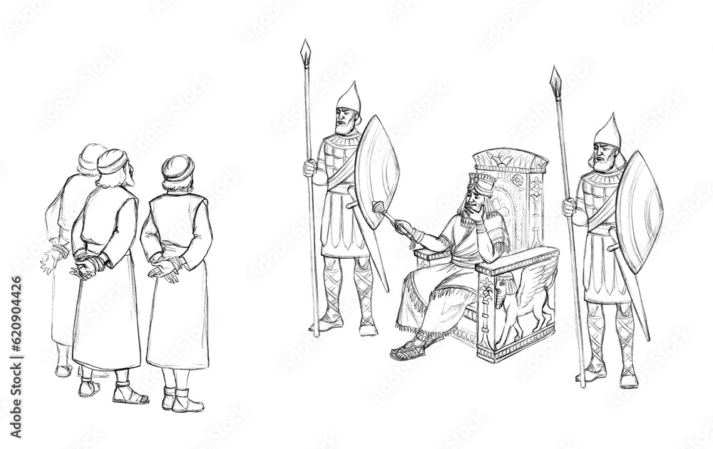 Pencil drawing. The king interrogates the prisoners