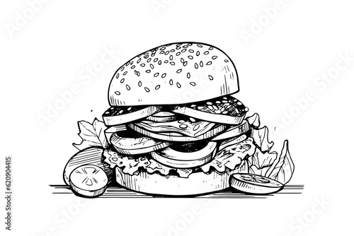 Burger engraving style art. Hand drawn vector illustration of hamburger.