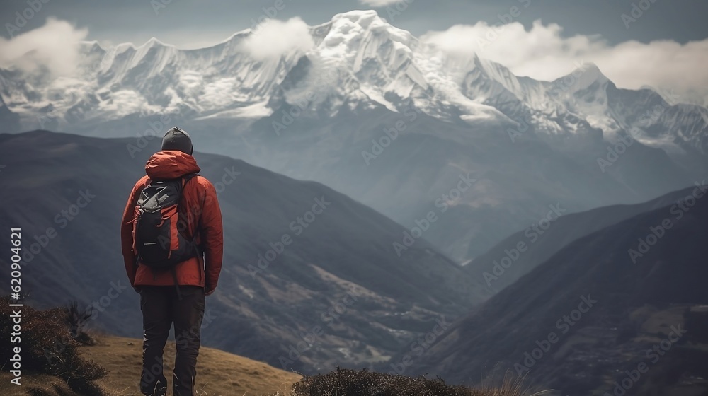 Obraz premium Engaged in the activity of hiking, the active individual relishes the captivating scenery of the mountain range while embracing a sporty travel lifestyle. Generative AI