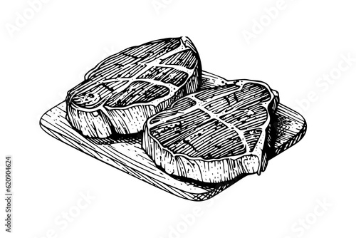 Meat steak on wood board. Hand drawing sketch engraving style vector illustration .