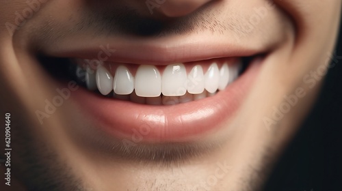 This is an advertisement for Banner's tooth whitening services, showcasing a close-up of a male's perfect white teeth with a shade guide to illustrate the bleach color. Generative AI