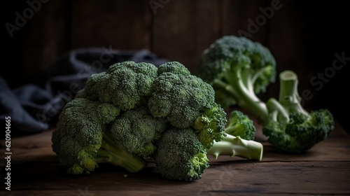 Broccoli on a grey wooden table. Generative AI