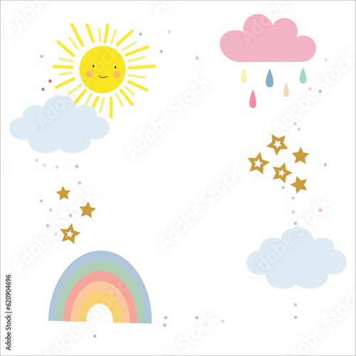 Set of Weather Pattern, Weather White Backgrounds, Today's Weather, Sun, Cloudy, Rainbow, Rain Wallpaper Love Cards Vector Stock Vector Illustration.