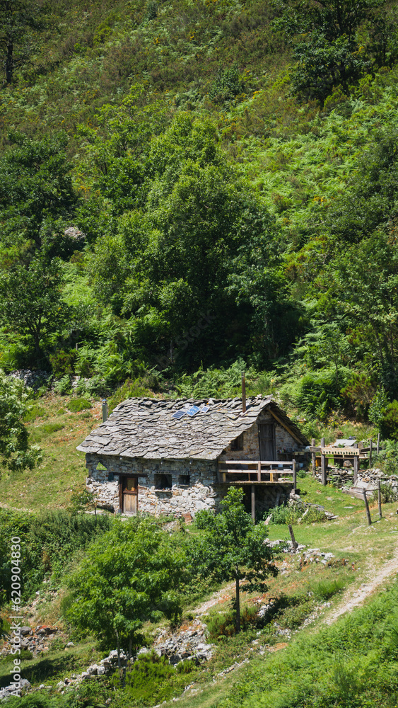 Rocky cabin in the woods with slate roof Rocky cabin in the woods with slate roof