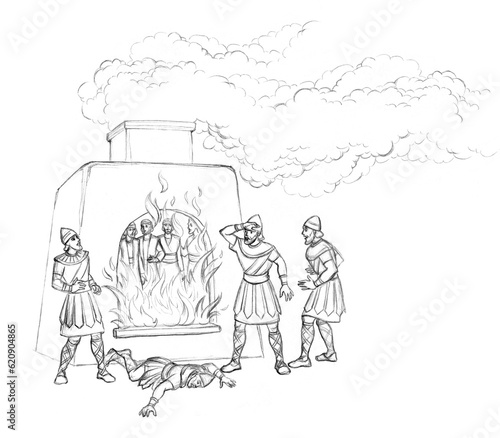 Pencil drawing. King Nebuchadnezzar ordered Shadrach, Meshach and Abednego to be thrown into the furnace photo