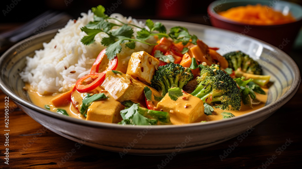 A bowl of creamy coconut curry with tofu and vegetables, served with steamed jasmine rice A bowl of creamy coconut curry with tofu and vegetables, served with steamed jasmine rice