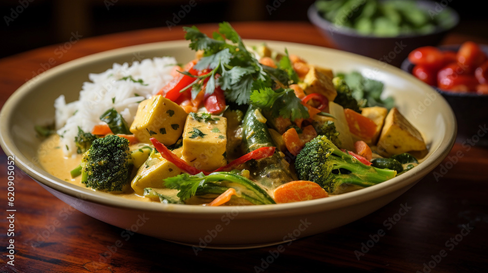 A bowl of creamy coconut curry with tofu and vegetables, served with steamed jasmine rice A bowl of creamy coconut curry with tofu and vegetables, served with steamed jasmine rice