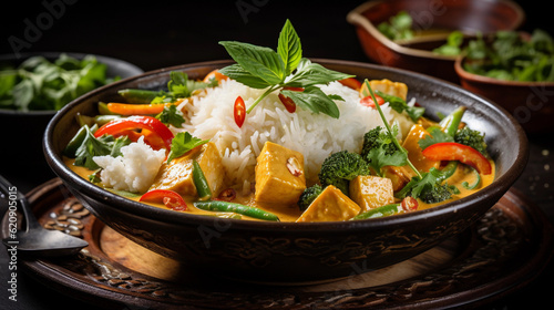 A bowl of creamy coconut curry with tofu and vegetables, served with steamed jasmine rice