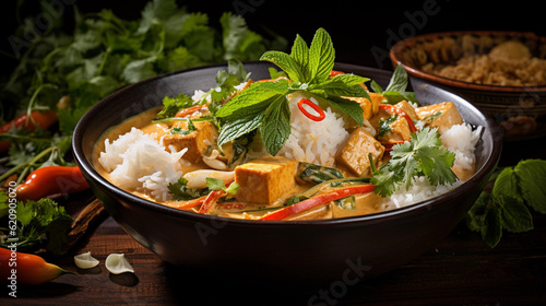 A bowl of creamy coconut curry with tofu and vegetables  served with steamed jasmine rice