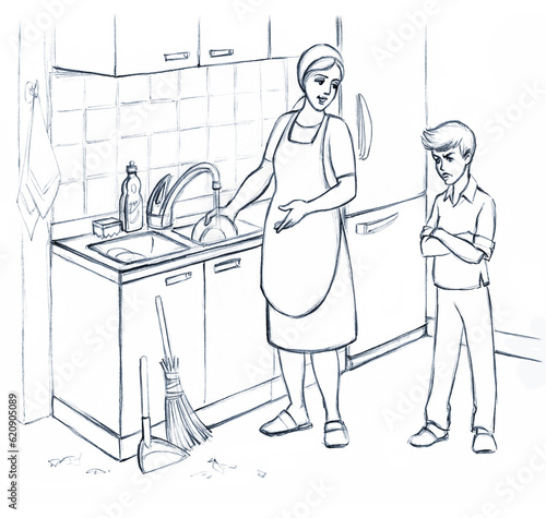 Quadro em tela Disobedient child. Family scene pencil drawing