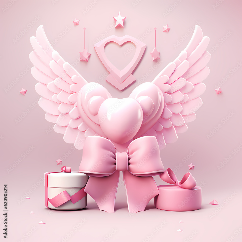 Pink ribbon with angel wings cartoon illustration isolated