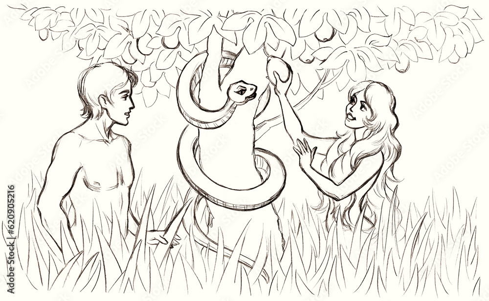 Adam and Eve near the tree of the knowledge of good and evil. Pencil drawing - obrazy, fototapety, plakaty 