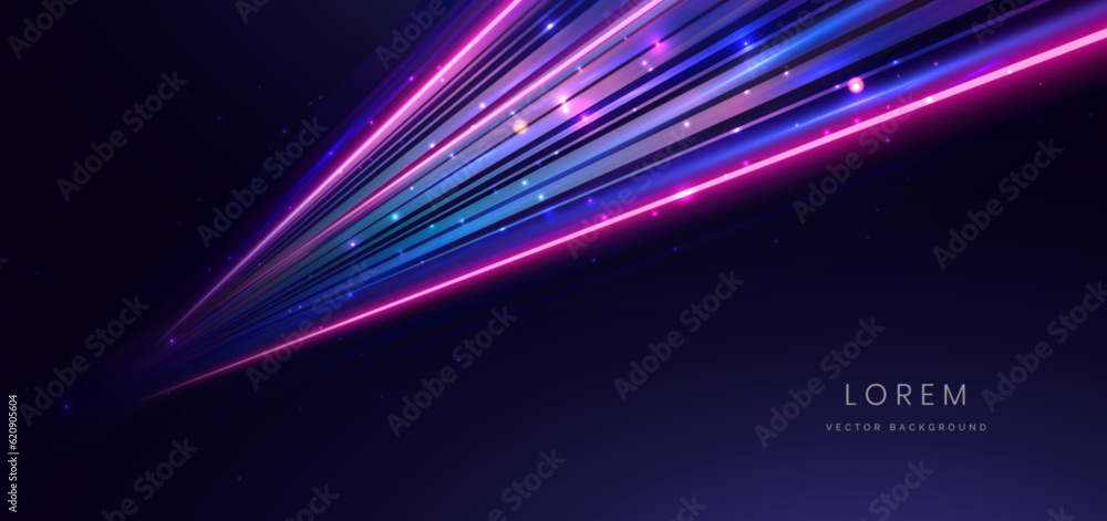 Abstract technology futuristic glowing blue and pink light lines with speed motion blur effect on dark blue background. Abstract technology futuristic glowing blue and pink light lines with speed motion blur effect on dark blue background.