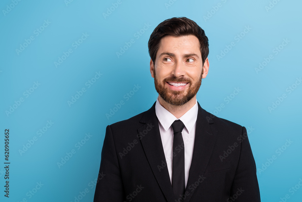 Portrait of brunet businessman representative director international company look interested mockup stats isolated on blue color background Portrait of brunet businessman representative director international company look interested mockup stats isolated on blue color background