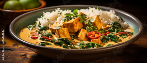 A bowl of creamy coconut curry with tofu and vegetables  served with steamed jasmine rice