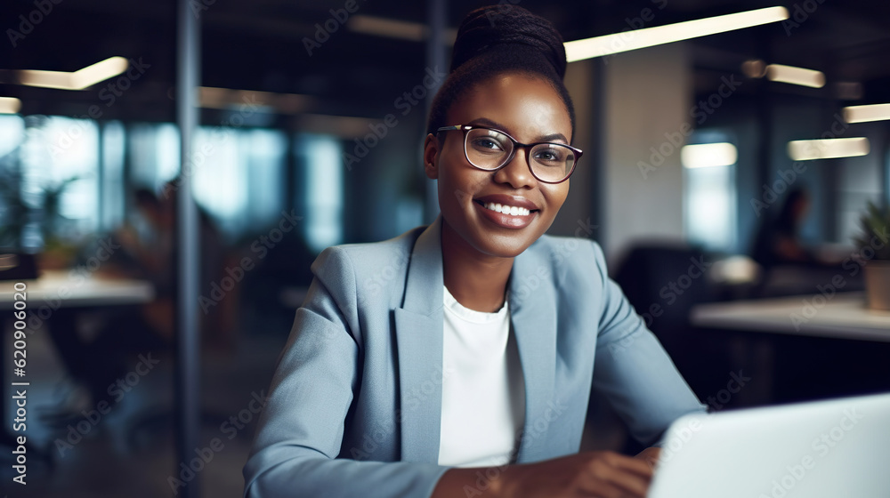 Professional female employee or a businesswoman using a laptop in a modern office. Copy space Professional female employee or a businesswoman using a laptop in a modern office. Copy space