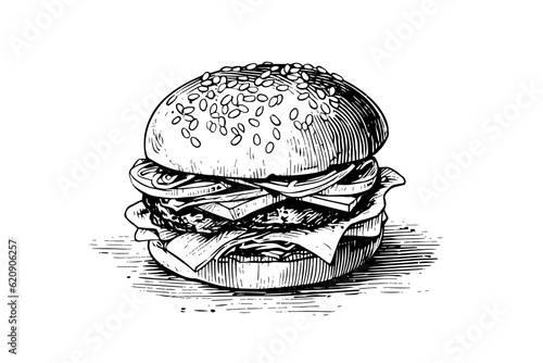 Burger engraving style art. Hand drawn vector illustration of hamburger.