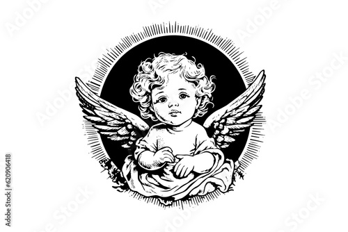 Valokuvatapetti Little angel in frame vector retro style engraving black and white illustration