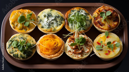 A tray of bite-sized quiches with various fillings, such as spinach and feta, mushroom, and ham and cheese