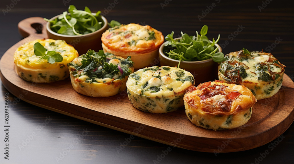 A tray of bite-sized quiches with various fillings, such as spinach and feta, mushroom, and ham and cheese