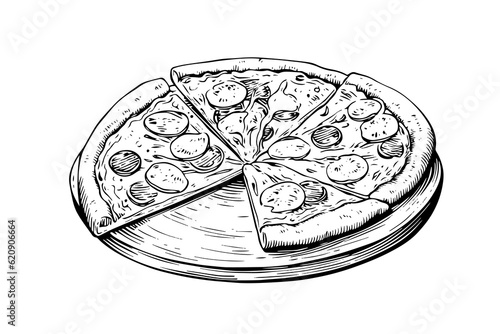 Sliced pizza sketch hand drawn engraving style Vector illustration.