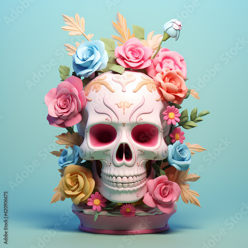 Skull with roses cartoon illustration isolated