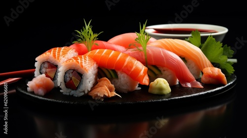 Food photography background - Delicious sushi rolls on plate on dark table (Generative Ai)
