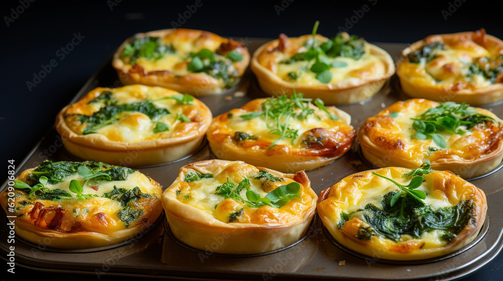 A tray of bite-sized quiches with various fillings, such as spinach and feta, mushroom, and ham and cheese A tray of bite-sized quiches with various fillings, such as spinach and feta, mushroom, and ham and cheese